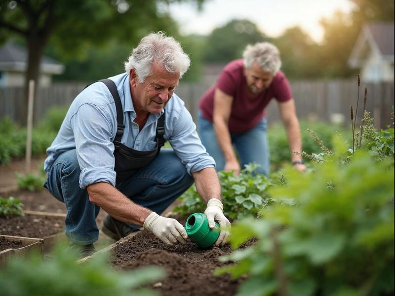 An older man in gardening gloves kneels by a garden bed with a green watering can while a neighbor tends plants behind him