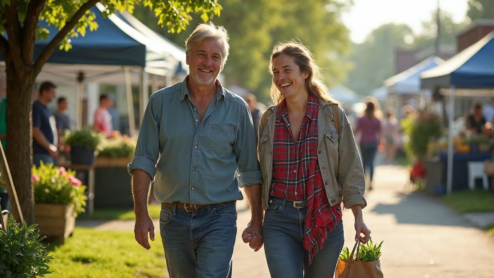 Two adults laugh as they walk side by side through a sunny neighborhood farmers market, one carrying a paper bag of fresh greens