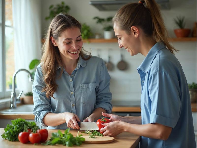 A woman chops fresh herbs at a bright kitchen counter while a support staff member beside her holds a tomato and smiles