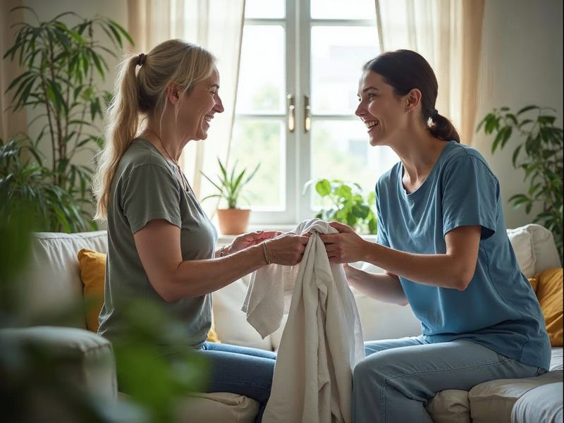Two women laugh together while folding a white shirt on a sofa in a sunlit living room filled with plants