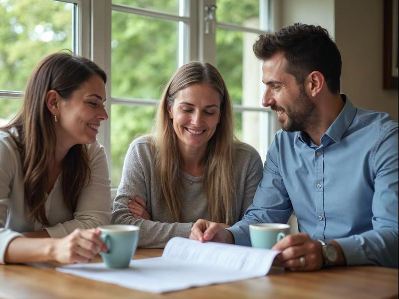 Three adults smile while reviewing a printed service plan together over coffee at a table by a sunny window