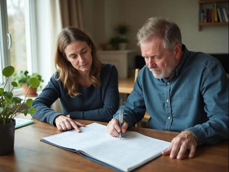 A man writes in a weekly planner at a wooden table while a support worker beside him points to the day's schedule